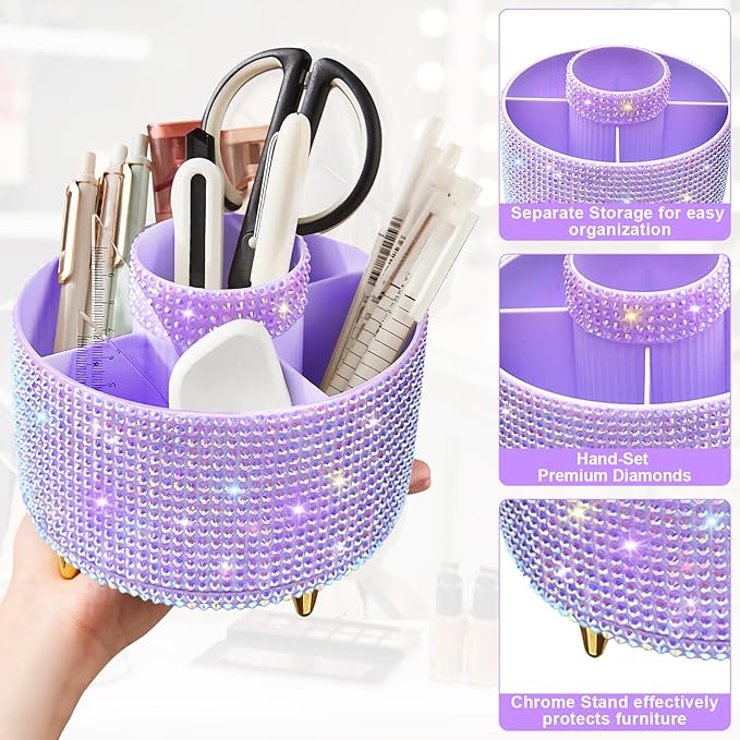 Diesisa Bling Makeup Organizer: 360°Rotating Bling Rhinestone Cosmetic Display Cases -Diamond Makeup Brush Holder - 5 Slot Cup for Cosmetics - Bling Lipstick Organizer - Gift for Women -Diamond Purple