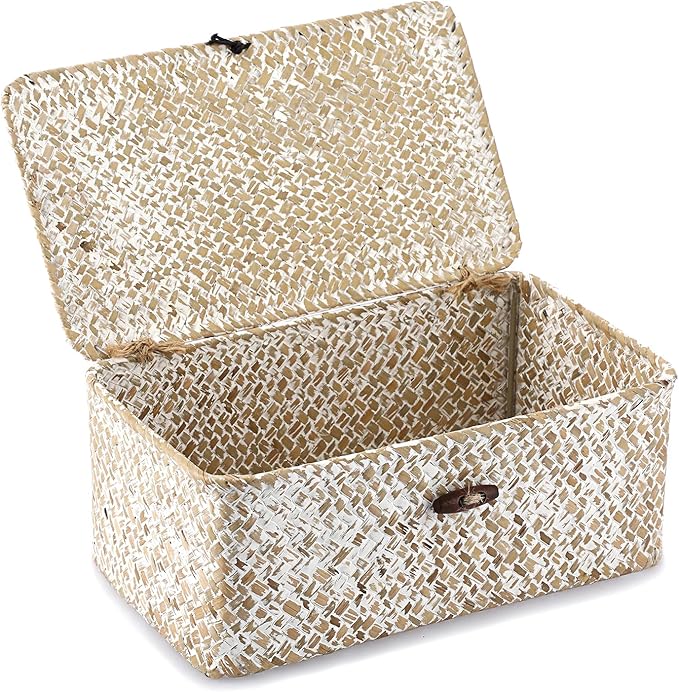 Hipiwe Wicker Shelf Baskets with Lid, Woven Seagrass Storage Basket Bin Rectangular Household Basket Boxes for Shelf Home Organizer and Decor, Whitewash X-Small