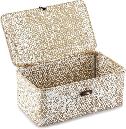 Hipiwe Wicker Shelf Baskets with Lid, Woven Seagrass Storage Basket Bin Rectangular Household Basket Boxes for Shelf Home Organizer and Decor, Whitewash X-Small
