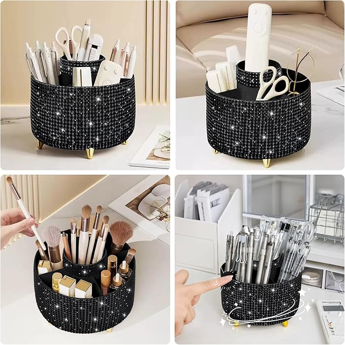 Diesisa Bling Makeup Organizer: 360°Rotating Bling Rhinestone Cosmetic Display Cases -Diamond Makeup Brush Holder - 5 Slot Cup for Cosmetics - Bling Lipstick Organizer - Gift for Women - Diamond Black