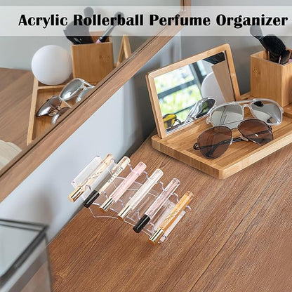 ELLDOO 2 Pack Rollerball Perfume Organizer, 6 Slots Clear Acrylic Perfume Storage Holder Beauty Scent Holder, Makeup Brush Lipgloss Lipstick Display Stand, Pen Holder for Home School Office