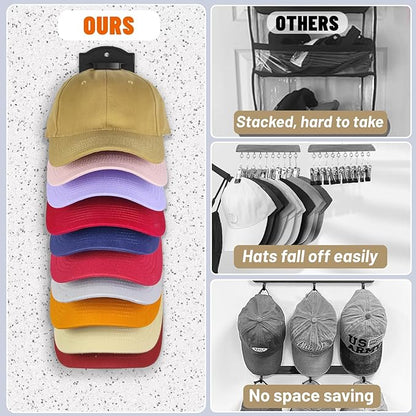 Hat Rack for Baseball Caps on the Wall, Adhesive Hat Storage Organizer, Ball Cap Hooks Display, Vertical Hat Hanger Holder for Door and Closet, Hold Up to 10 Hats, Black, 1 Pack