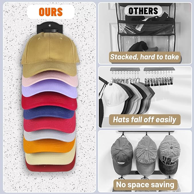 Hat Rack for Baseball Caps on the Wall, Adhesive Hat Storage Organizer, Ball Cap Hooks Display, Vertical Hat Hanger Holder for Door and Closet, Hold Up to 20 Hats, Black, 2 Pack
