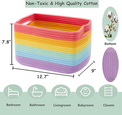 Set of 4 Rainbow Rope Basket for Shelves Woven Rectangle Storage Basket Bins for Nursery Toy Storage for Baby Girl