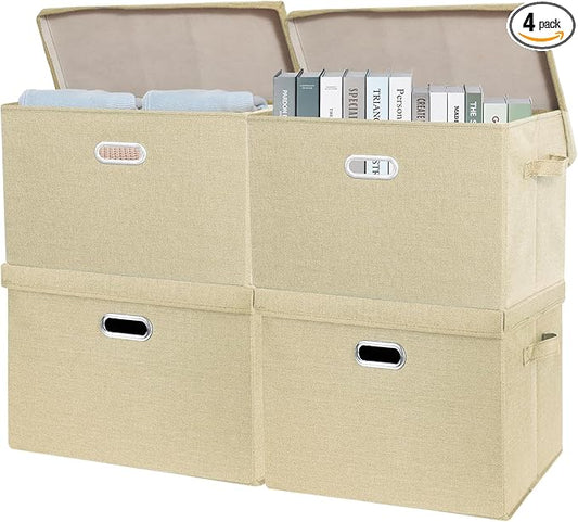 SNWDN 4 Pack Large collapsible Fabric Storage Bins with Lids Fabric storage box with lids for closet organizers and storage (Beige 17.3x11.4x11.8 inches)