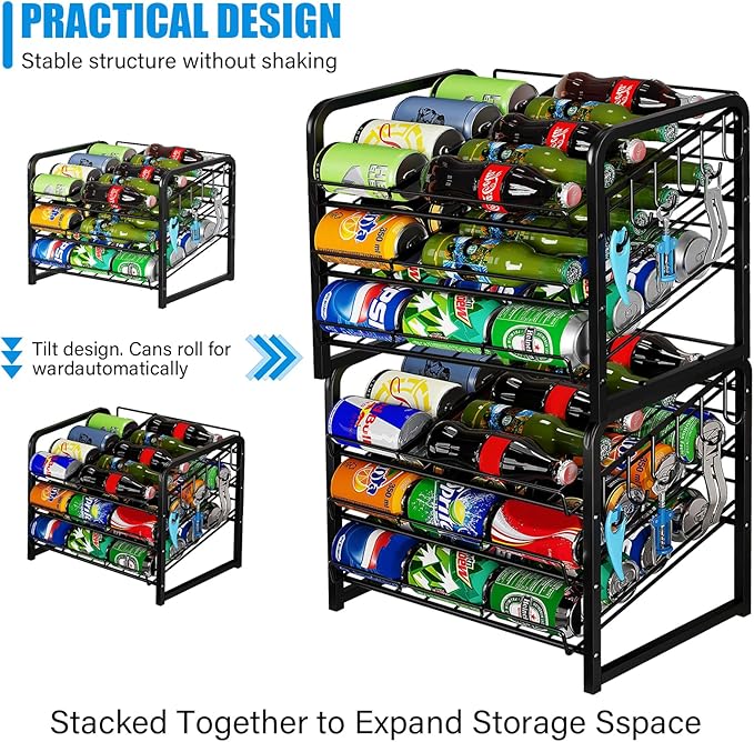 6-Tier Stackable Soda Can Rack Organizer for Pantry, Adjustable Can Dispenser Holds Up to 60 Cans, with 12 Hooks, Can Storage Holder for Various Ounces of Canned Food Soda Drinks, Black, 2 Pack