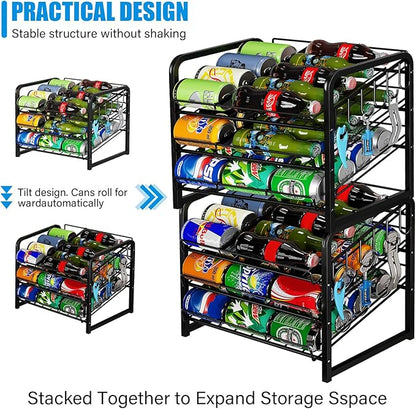 6-Tier Stackable Soda Can Rack Organizer for Pantry, Adjustable Can Dispenser Holds Up to 60 Cans, with 12 Hooks, Can Storage Holder for Various Ounces of Canned Food Soda Drinks, Black, 2 Pack