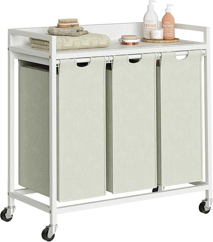 Herture Laundry Hamper with Shelf, Laundry Basket 3 Section, Laundry Sorter with Pull-Out Removable Large Bags and Movable Wheels, Metal Frame, 3 x 15.87 Gallons (60L), White PF04XLW