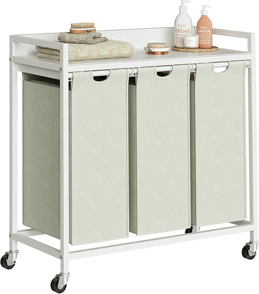 Herture Laundry Hamper with Shelf, Laundry Basket 3 Section, Laundry Sorter with Pull-Out Removable Large Bags and Movable Wheels, Metal Frame, 3 x 15.87 Gallons (60L), White PF04XLW