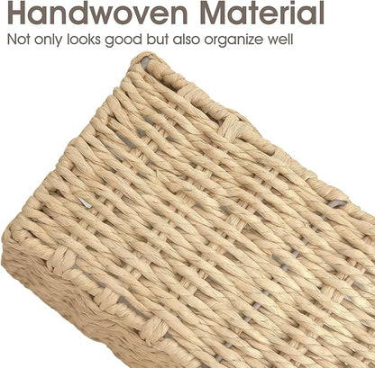 Paper Rope Storage Baskets for Shelves Organizing, Small Hand Woven Wicker Organizer Basket with Handle for Bathroom Toilet Paper Storage, Beige, 3-Pack