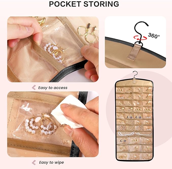 Hanging Jewelry Organizer Doubled-sided with Pockets & Hooks for Rings, Earrings, Necklaces, Hair Accessories Storage Roll, Closet Earring Holder Organizer for Wall, Door, Travel, 1 PCS, Black