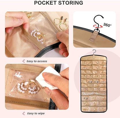 Hanging Jewelry Organizer Doubled-sided with Pockets & Hooks for Rings, Earrings, Necklaces, Hair Accessories Storage Roll, Closet Earring Holder Organizer for Wall, Door, Travel, 1 PCS, Black