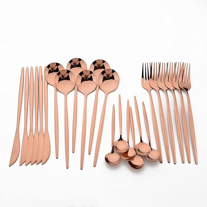 24 Piece Hanging Flatware Set, Stainless Steel Family Kitchen Utensil Set with Rack, Cutlery set for 6 with Holder, Silverware Sets with Holder, Hanging flatware set, Mirror Finish(Copper)