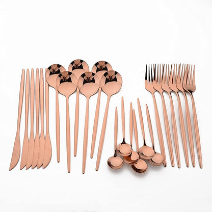 24 Piece Hanging Flatware Set, Stainless Steel Family Kitchen Utensil Set with Rack, Cutlery set for 6 with Holder, Silverware Sets with Holder, Hanging flatware set, Mirror Finish(Copper)