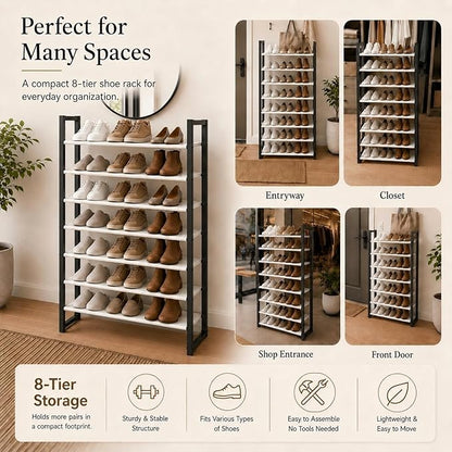 8-Tier Tall Shoe Rack, Stackable Zero-Wobble Metal Frame with Screw-Fastened Joints, 11.8" Deep Heel-Friendly Non-Woven Shelves, Space-Saving Shoe Tower for Closet Entryway Bedroom