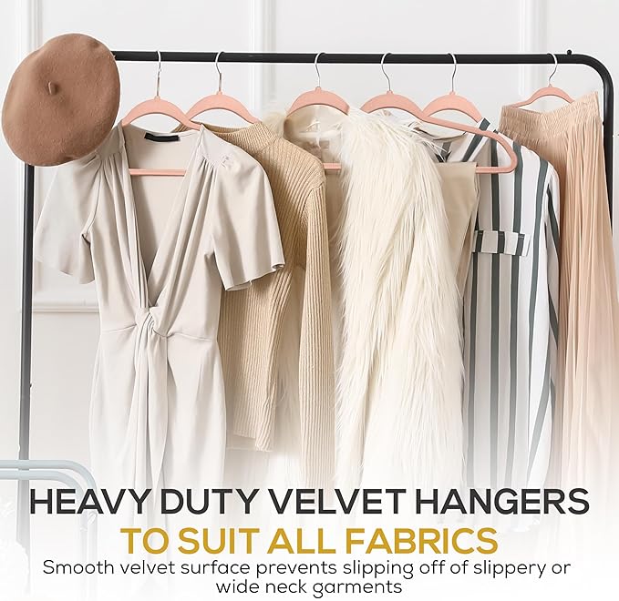 Techzoo 50 Pack New Premium Quality Velvet Hangers Ultra Thin Non Slip Adult Felt Space Saving Hangers for Closet Heavy Duty Coat Pants Jackets Dress Hangers 360° Swivel Hook Hold Upto 10lbs Rose Gold