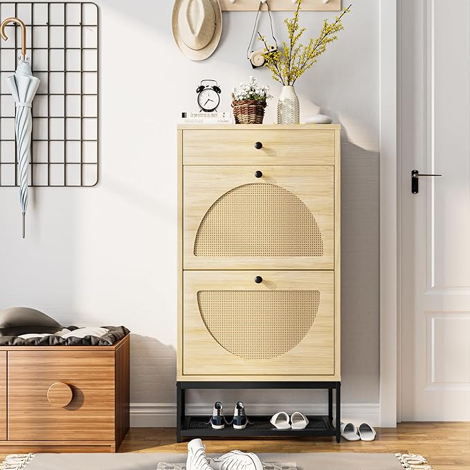Lamerge Free Standing Shoe Rack, Entryway Organizer with 2 Natural Semi-Circular Rattan Flip Drawers, Hallway Faux Wooden Shoe Storage Cabinet with Pull Drawer and Bottom Rack for Living Room, Bedroom