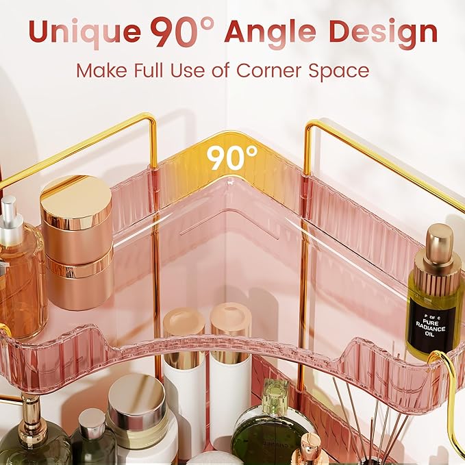 Corner Bathroom Counter Organizer 3-Tier Bathroom Organizer Countertop with Hooks Perfume Organizers Storage Shelf for Makeup & Skincare Dresser-Pink