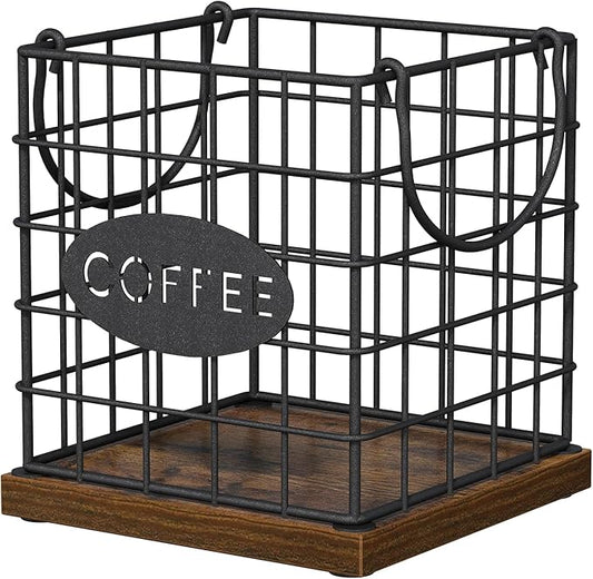 YINMIT K Cup Holder Organizer, Rustic Coffee Pod Holder Organizer, 35 Kcup Holder for Counter with Handle，Large Capacity Black Wire Coffee Capsule Basket for Kitchen Office Desktop (Square Grid)