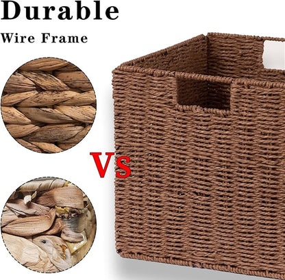 Vagusicc Wicker Basket, Set of 2 Hand-Woven Paper Rope Storage Baskets for Organizing, Foldable Cubby Storage Bins, 11 Inch Large Wicker Storage Basket, Square Baskets Cube Storage Organizer, Brown
