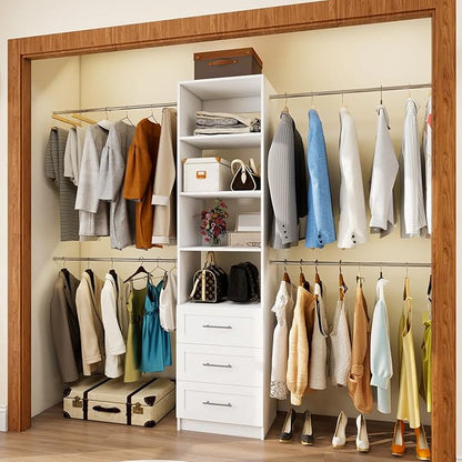 Closet System, 5FT-8FT Closet Organizer System with 3 Wooden Drawers, 99" Walk In Closet Organizer and Storage with 4 Expandable Hanging Rods, Wall Mount, White