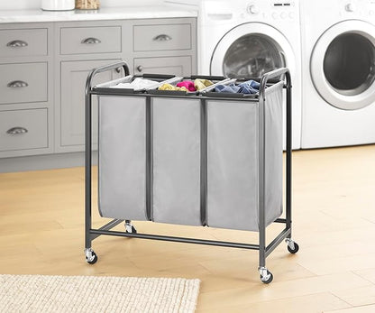 Whitmor Triple Laundry Sorter - 3 Removable Bags with Easy-Grip Handles - Rolling Laundry Sorter - Grey