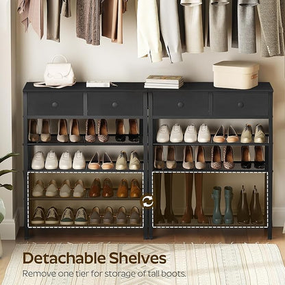 YATINEY 5 Tier Shoe Rack, Large Capacity Shoe Storage Organizer, Metal Shoe Shelf with Drawer and Wooden Top, for 20 Pairs of Shoes, for Entryway, Closet, Black SS25BB