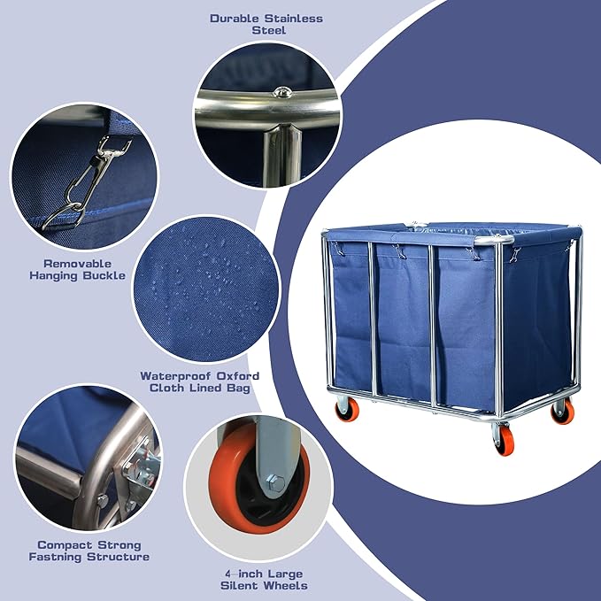 Commercial Laundry Cart with Wheels, 470L Large Capacity Heavy Duty Stainless Laundry Basket,Laundry Sorter for Clothes Storage,400 lbs Load (Blue)