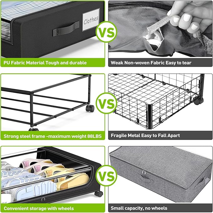 APSARAS USA Under Bed Storage with Wheels, Underbed Storage with Wheels and Clear Window, Rolling Drawers & Bins for Shoes Clothes in Dorm Bedroom, Easy Pull-out Black 2-Pack- Space-Saving