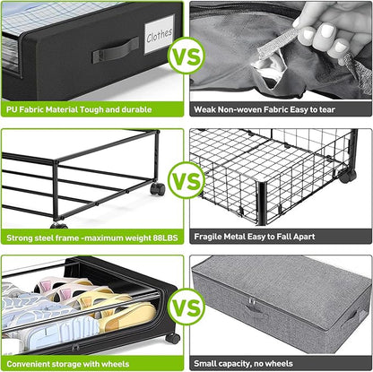 APSARAS USA Under Bed Storage with Wheels, Underbed Storage with Wheels and Clear Window, Rolling Drawers & Bins for Shoes Clothes in Dorm Bedroom, Easy Pull-out Black 2-Pack- Space-Saving