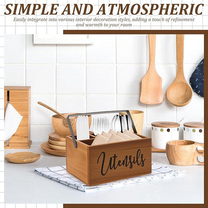 Utensil Holder, Silverware Organizer with Handle, Wooden Kitchen Utensil Caddy, 4 Compartmen Cutlery Holder Flatware Caddy, Spoon Holder, Versatile Organizer for Kitchen Counter Party Picnic Camping