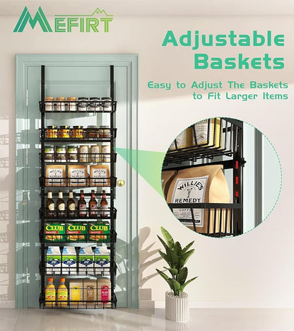 Mefirt Over The Door Pantry Organizer, Wall Mount Spice Rack, Pantry Hanging Storage and Organization, 8 Adjustable Baskets Heavy-Duty Metal for Home & Kitchen, Back of Door Seasoning Rack - Black