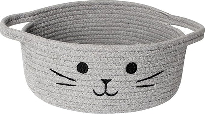 Small Cat Toy Basket, 10”x10”x4” Gray Cotton Rope Storage Bin with Handles, Woven Cat Organizer Box for Indoor Pets, Cute Kitty Easter Basket Gifts Empty, Living Room Nursery Decor