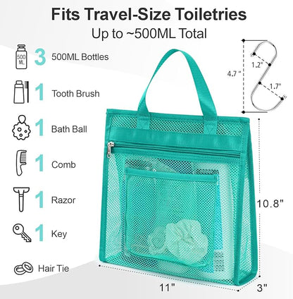 F-color Mesh Shower Caddy Portable Hanging - 3 Pockets Small Shower Bag Tote for Camping, Gym, Travel, Toiletry, Quick Dry Bathroom Essentials with S Hook, Mint Green