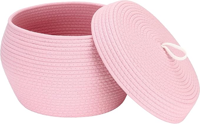 Sea Team Round Cotton Rope Storage Basket with Lid, Decorative Woven Storage Bin, Pot, Caddy, Organizer, Container for Snacks, Towels, Plants, 13 x 9 Inches (Large, Pink)