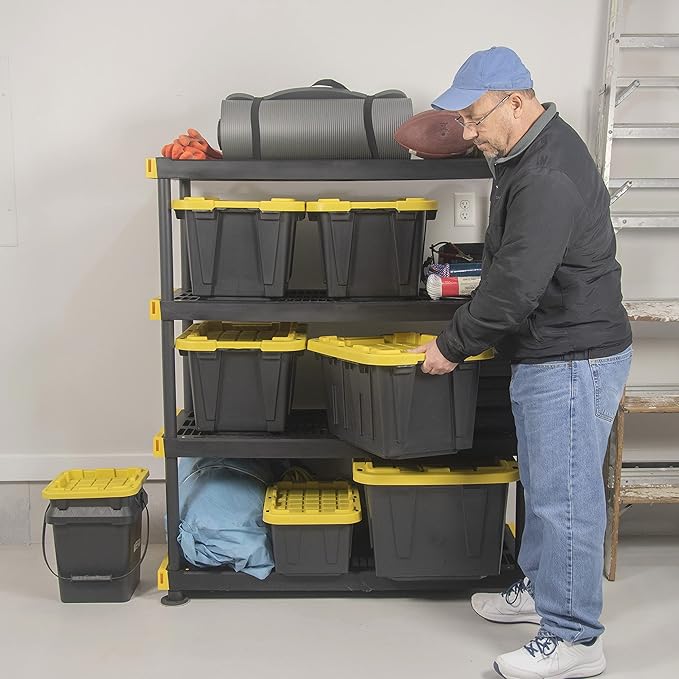 CX BLACK & YELLOW 12-Gallon Heavy Duty Storage Bins with Lids, Stackable Plastic Storage Bins with Weather-Resistant Design, Home Organization, 4 Pack (12.51H x 16.3W x 21.8D)