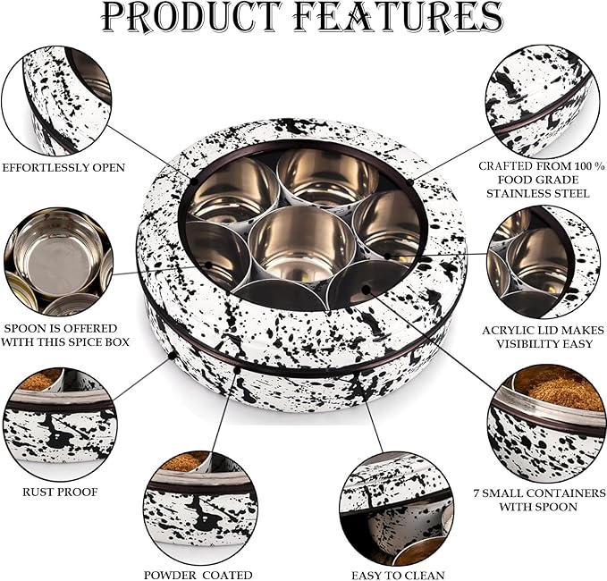 Elan Splatterful Collection Spice Box, Masala Box for Kitchen, Stainless Steel 7 Compartment Multipurpose Air-Tight See Through Round Spice Box/Popula Dabba with Spoon (Black & White, 1500 ml)