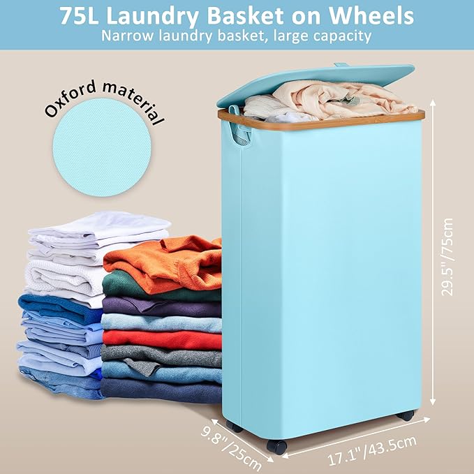 efluky Slim Laundry Hamper with Wheels, Narrow Laundry Basket with Lid and Removable Bag, Aesthetic Dirty Clothes Hamper on Wheels for Laundry Room, Bedroom, Dorm and Bathroom, 75L Beige