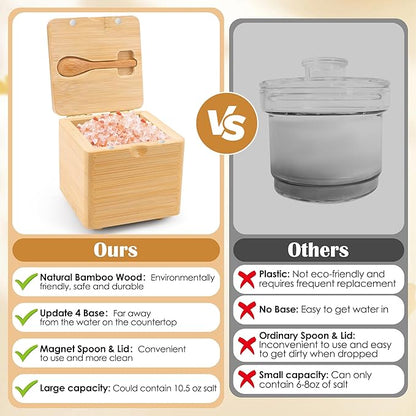 Luxiv Updated Bamboo Salt Cellar with Lid and Spoon, Bamboo Salt Box Wood Spice Box with Magnetic Lid for Pepper Spice Sea Salt Container Jar For Countertop with 4 Bases