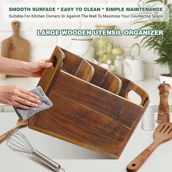 Kitchen Utensil Holder for Countertop with 3 Compartments，Acacia Wood Utensil Holder Cooking Spatula Organizer Large Cutlery Organizer for Kitchen Countertop Farmhouse Kitchen Decor