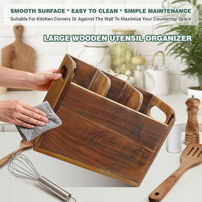 Kitchen Utensil Holder for Countertop with 3 Compartments，Acacia Wood Utensil Holder Cooking Spatula Organizer Large Cutlery Organizer for Kitchen Countertop Farmhouse Kitchen Decor