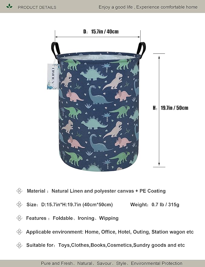 Round Waterproof Laundry Basket,Foldable Storage Basket,Laundry Hampers with Handle,Gift Basket,Suitable for Children's Room and Toy Storage (Blue Dinosaur)