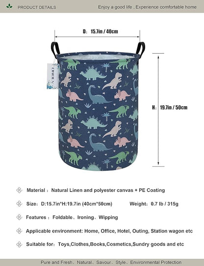 Round Waterproof Laundry Basket,Foldable Storage Basket,Laundry Hampers with Handle,Gift Basket,Suitable for Children's Room and Toy Storage (Blue Dinosaur)