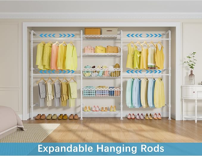 Timate X3i Garment Rack for Hanging Clothes Load 980lbs, Expandable Wall Mounted Closet System with Baskets Industrial Pipe Heavy Duty Clothes Rack Walk in Closet, Adjustable from 5'10" to 8'3", White
