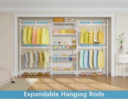Timate X3i Garment Rack for Hanging Clothes Load 980lbs, Expandable Wall Mounted Closet System with Baskets Industrial Pipe Heavy Duty Clothes Rack Walk in Closet, Adjustable from 5'10" to 8'3", White