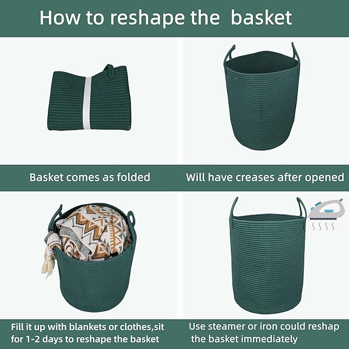 Woven Cotton Rope Laundry basket-15”X20” Laundry Hamper-Rope Storage Basket for Dirty Clothes, Toys and Blankets Perfect for Bathroom, Baby nursery and Living Room Storage (dark green)