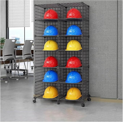 Stackable Safety Helmet Storage Boxes, Large Adjustable Hard Hat Placement Organizer Rack with Wheels for Construction Site/Garage/Workshop/Factory Helmet Display Shelf (2 * 6)