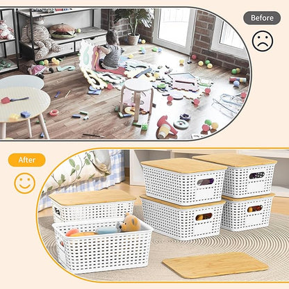 Plastic Storage Baskets with Bamboo Lids and Labels, Stackable Storage Containers, Storage Bins for Organizing Shelves Drawers Desktop Closets Office, 6 Packs-White