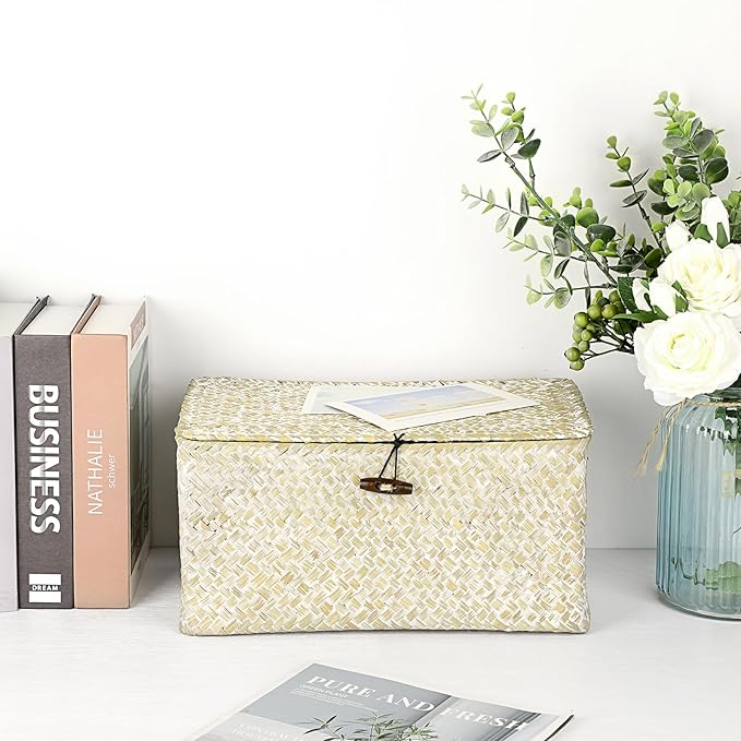 Hipiwe Seagrass Storage Basket Bins with Lid, Handwoven Wicker Shelf Baskets Bin Rectangular Household Basket Organizer Boxes for Shelf Closet Bedroom Home Decor, Whitewash Medium
