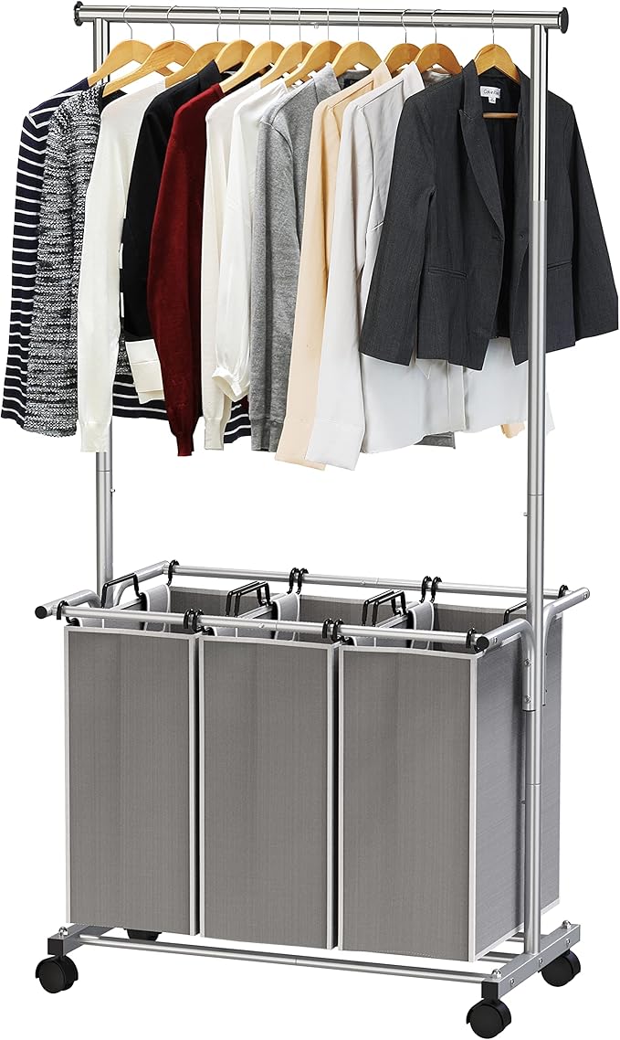 Simple Houseware 3 Bags Laundry Sorter with Extensible Clothes Hanging Rod
